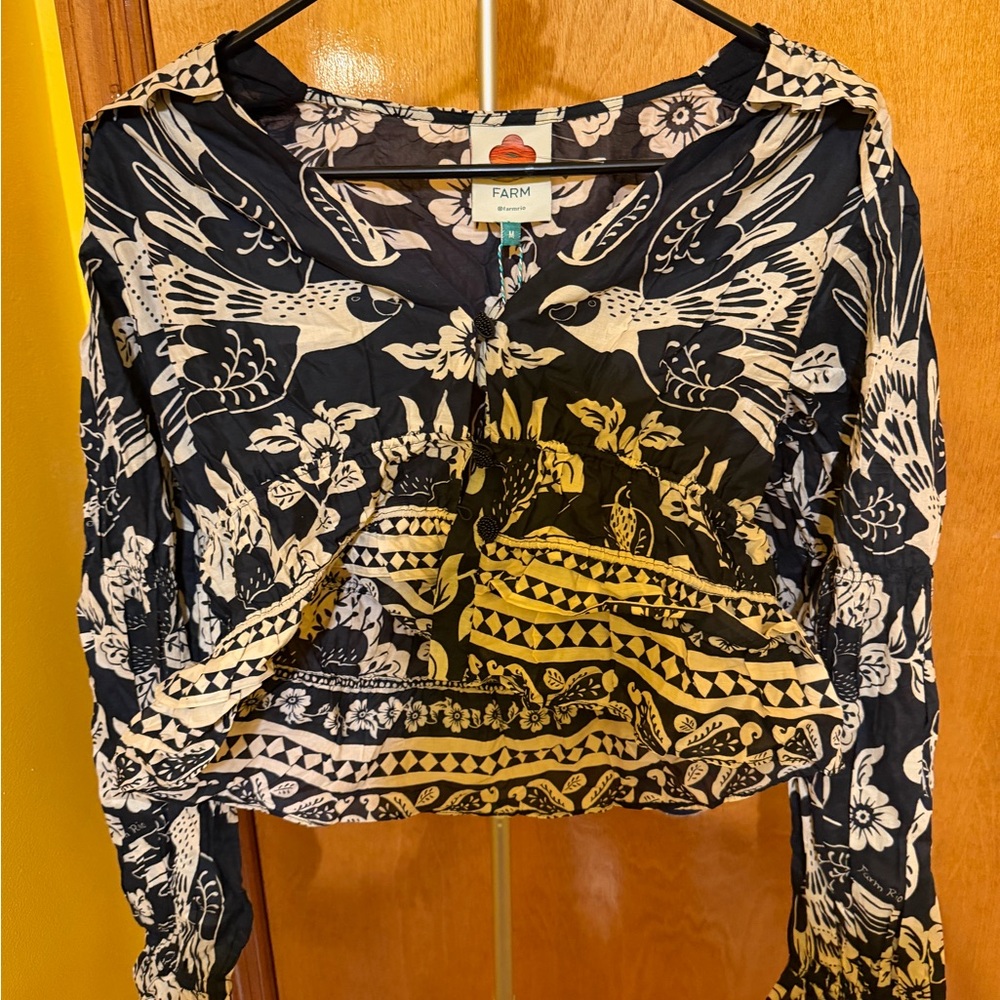 FARM Rio Black and Cream Bird Floral Blouse